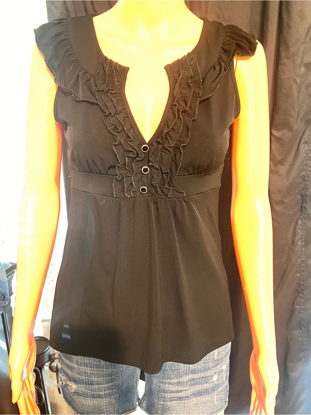 Elegant Black Sleeveless Ruffle Detail Blouse